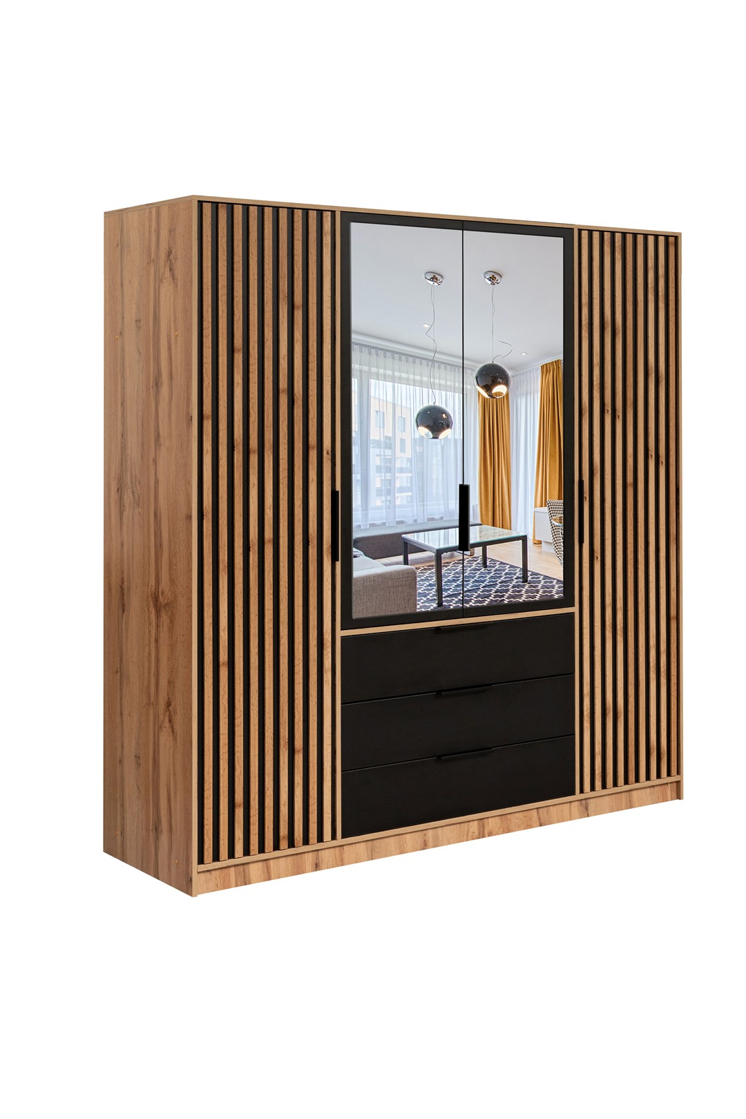 BALI D4 LUX szafa dąb wotan/czarny/lustro